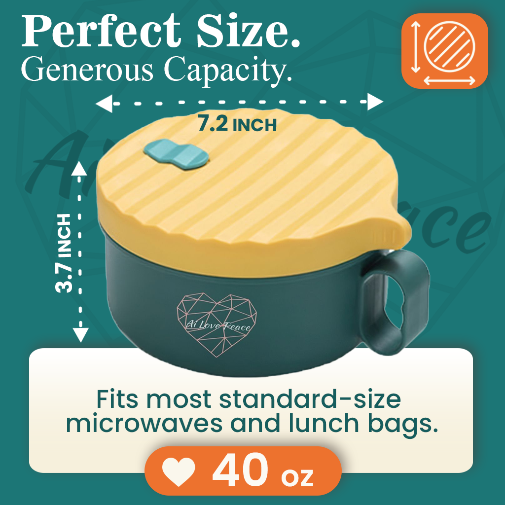 Ai Love Peace Ramen Bowl, Ramen Cooker, Microwave Ramen Bowl, Large Noodle Bowl 40 oz,Microwave Bowl with Lid, Portable Noodle Bowls, Ramen Bowl Microwavable for Home Office Dorm Room College gift.