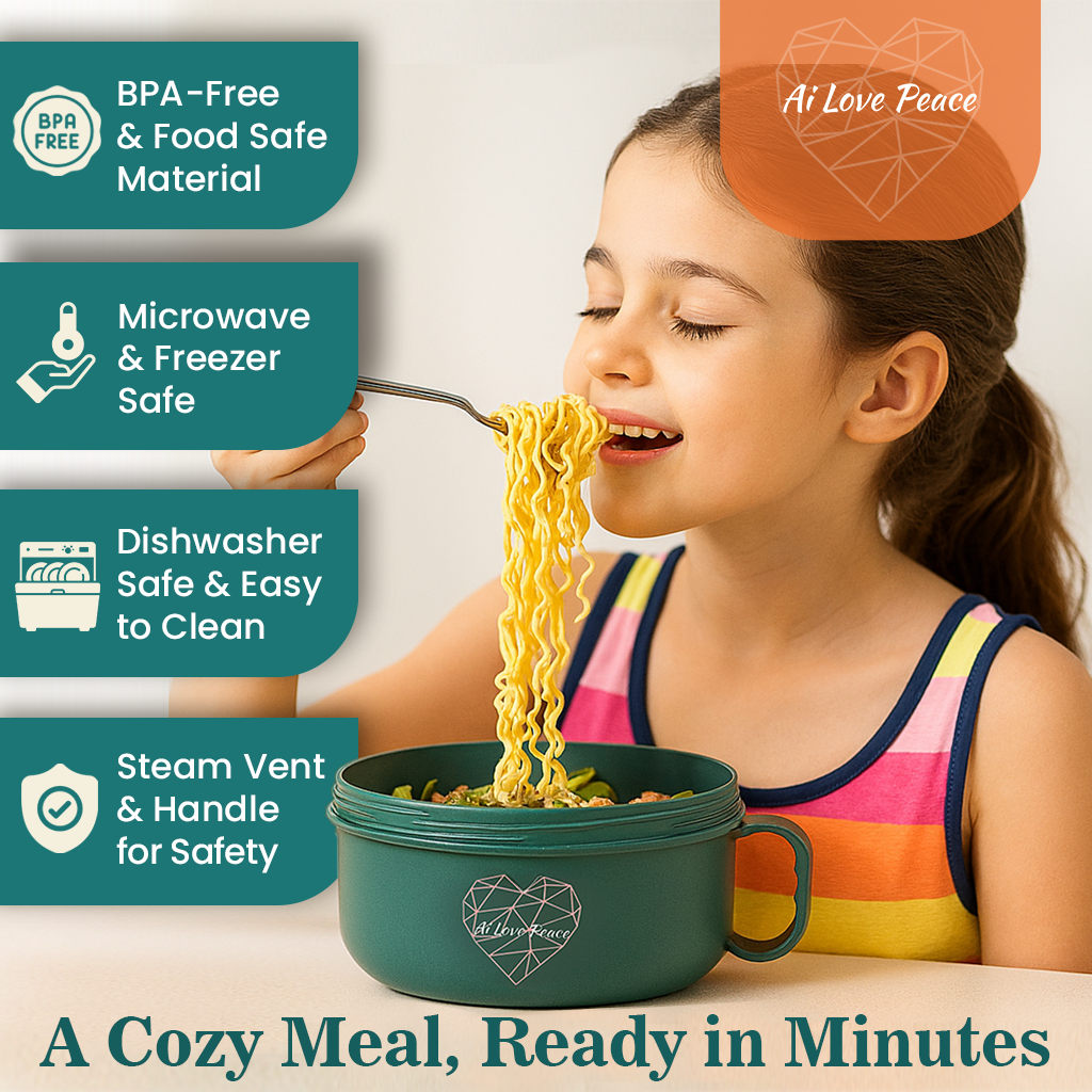 Ai Love Peace Ramen Bowl, Ramen Cooker, Microwave Ramen Bowl, Large Noodle Bowl 40 oz,Microwave Bowl with Lid, Portable Noodle Bowls, Ramen Bowl Microwavable for Home Office Dorm Room College gift.