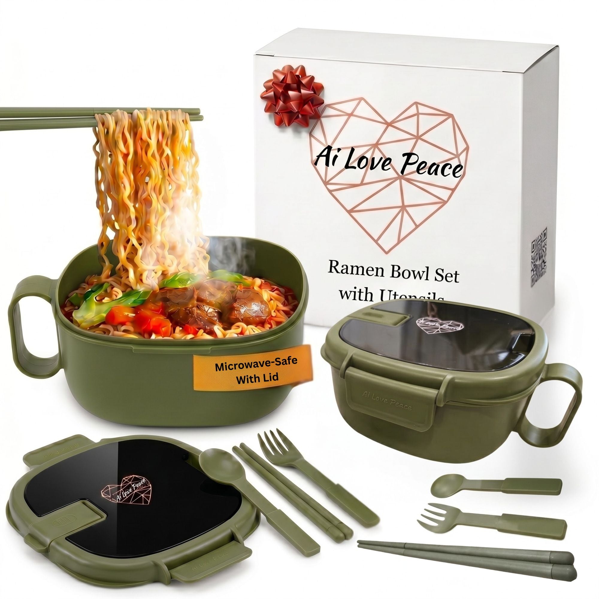 Ai Love Peace Square Dual Bowl Set — Microwave-Safe Ramen Bowls That Don't Burn Your Hands