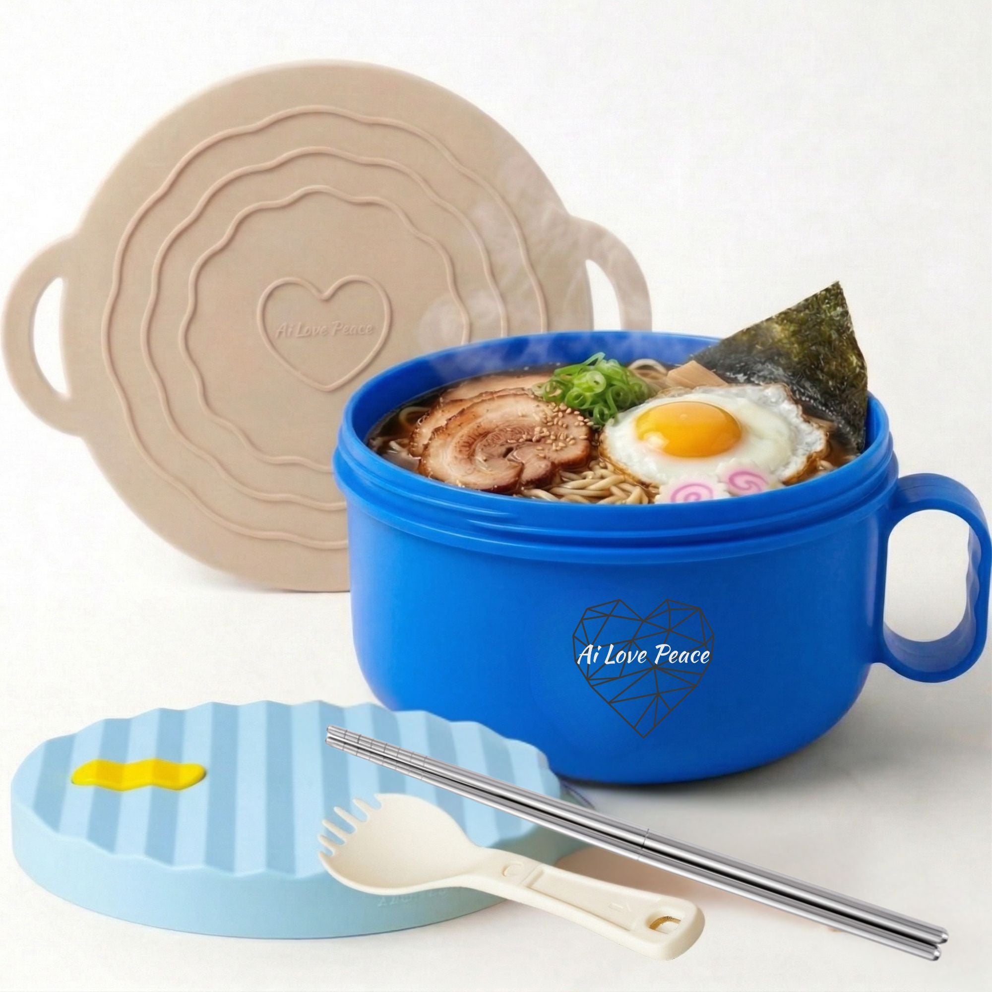 Ai Love Peace Ramen Bowl, Ramen Cooker, Microwave Ramen Bowl, Large Noodle Bowl 40 oz,Microwave Bowl with Lid, Portable Noodle Bowls, Ramen Bowl Microwavable for Home Office Dorm Room College gift.