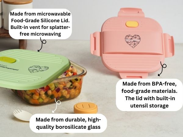 Ai Love Peace Glass Lunch Container – Perfect for On-the-Go Meals ( Pink & Green)