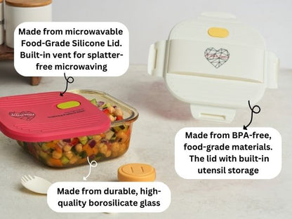 Ai Love Peace Glass Lunch Container – Perfect for On-the-Go Meals ( White & Red)