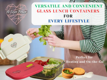 Ai Love Peace Glass Lunch Container – Perfect for On-the-Go Meals ( White & Red)