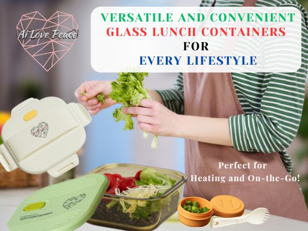 Ai Love Peace Glass Lunch Container – Perfect for On-the-Go Meals( White & Green)