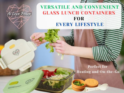 Ai Love Peace Glass Lunch Container – Perfect for On-the-Go Meals( White & Green)