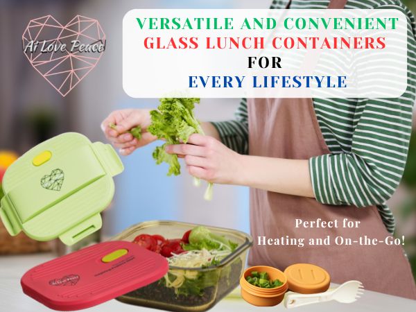 Ai Love Peace Glass Lunch Container – Perfect for On-the-Go Meals ( Green & Red)