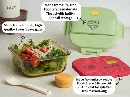Ai Love Peace Glass Lunch Container – Perfect for On-the-Go Meals ( Green & Red)