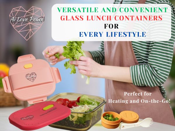 Ai Love Peace Glass Lunch Container – Perfect for On-the-Go Meals ( Pink & Red)