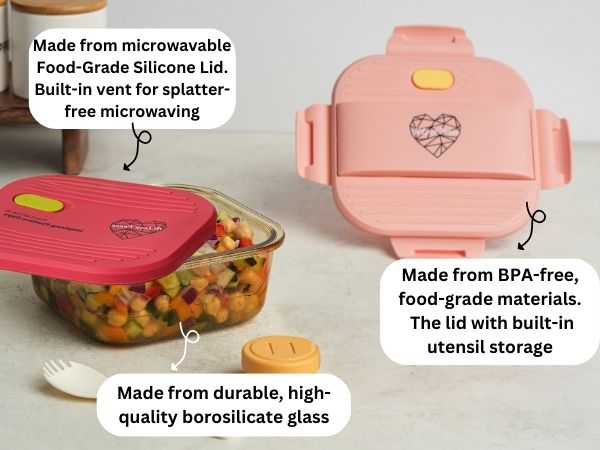 Ai Love Peace Glass Lunch Container – Perfect for On-the-Go Meals ( Pink & Red)