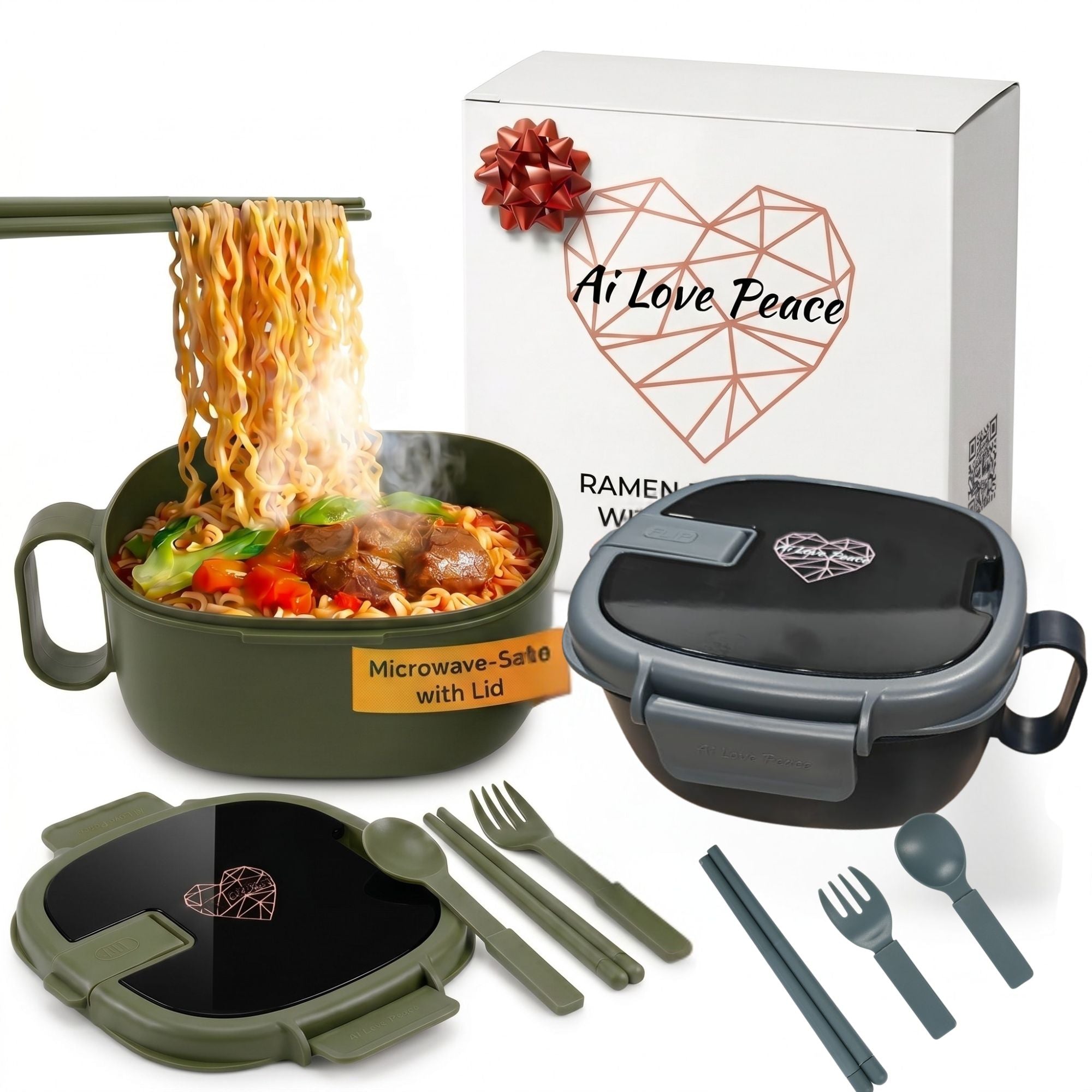 Ai Love Peace Square Dual Bowl Set — Microwave-Safe Ramen Bowls That Don't Burn Your Hands