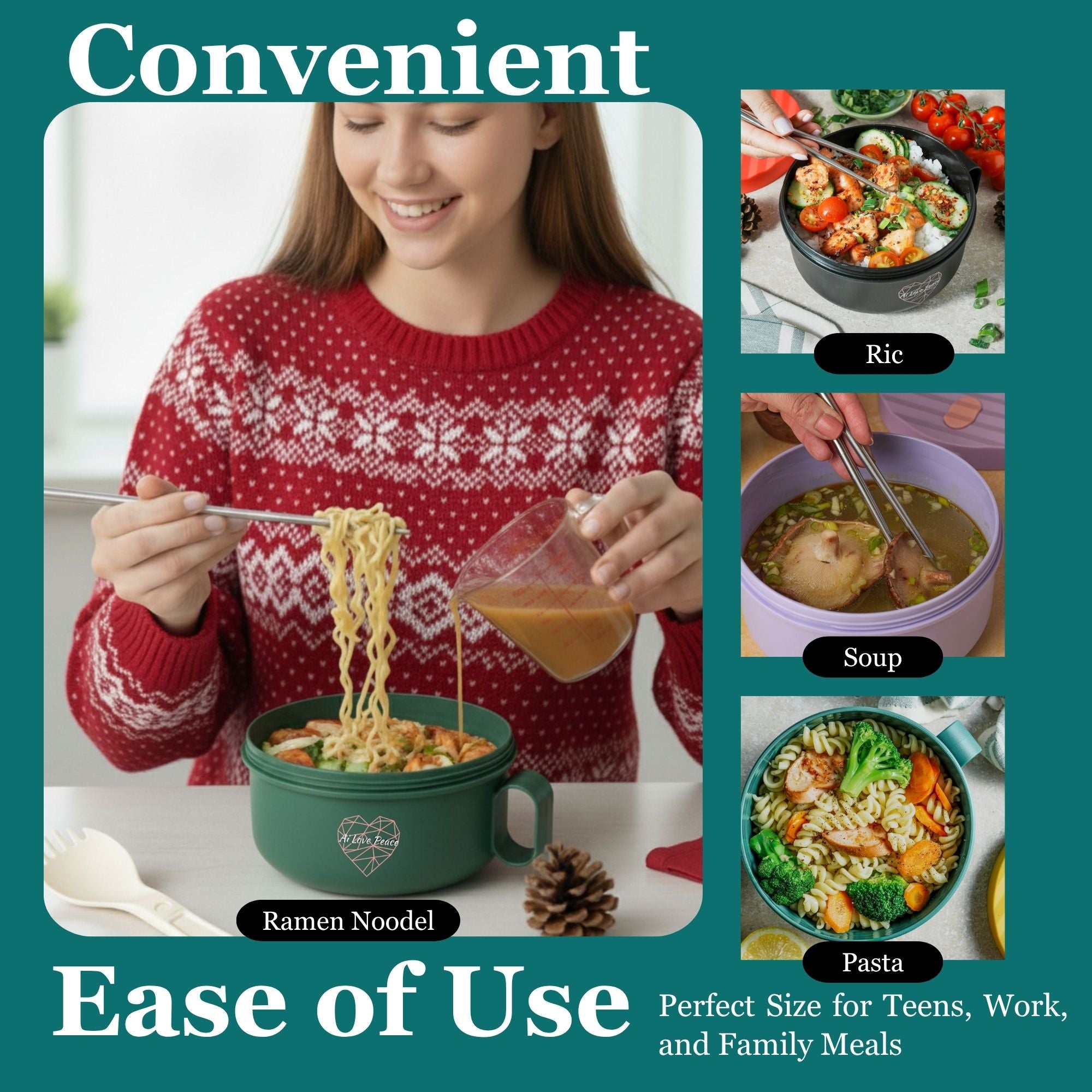 Ai Love Peace Ramen Bowl, Ramen Cooker, Microwave Ramen Bowl, Large Noodle Bowl 40 oz,Microwave Bowl with Lid, Portable Noodle Bowls, Ramen Bowl Microwavable for Home Office Dorm Room College gift.