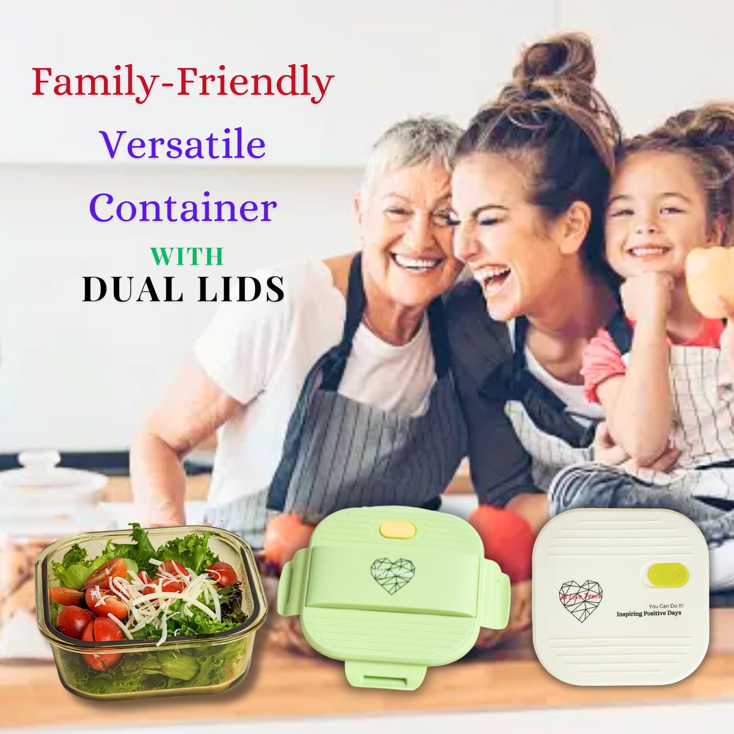 Ai Love Peace Glass Lunch Container – Perfect for On-the-Go Meals ( Green & White)