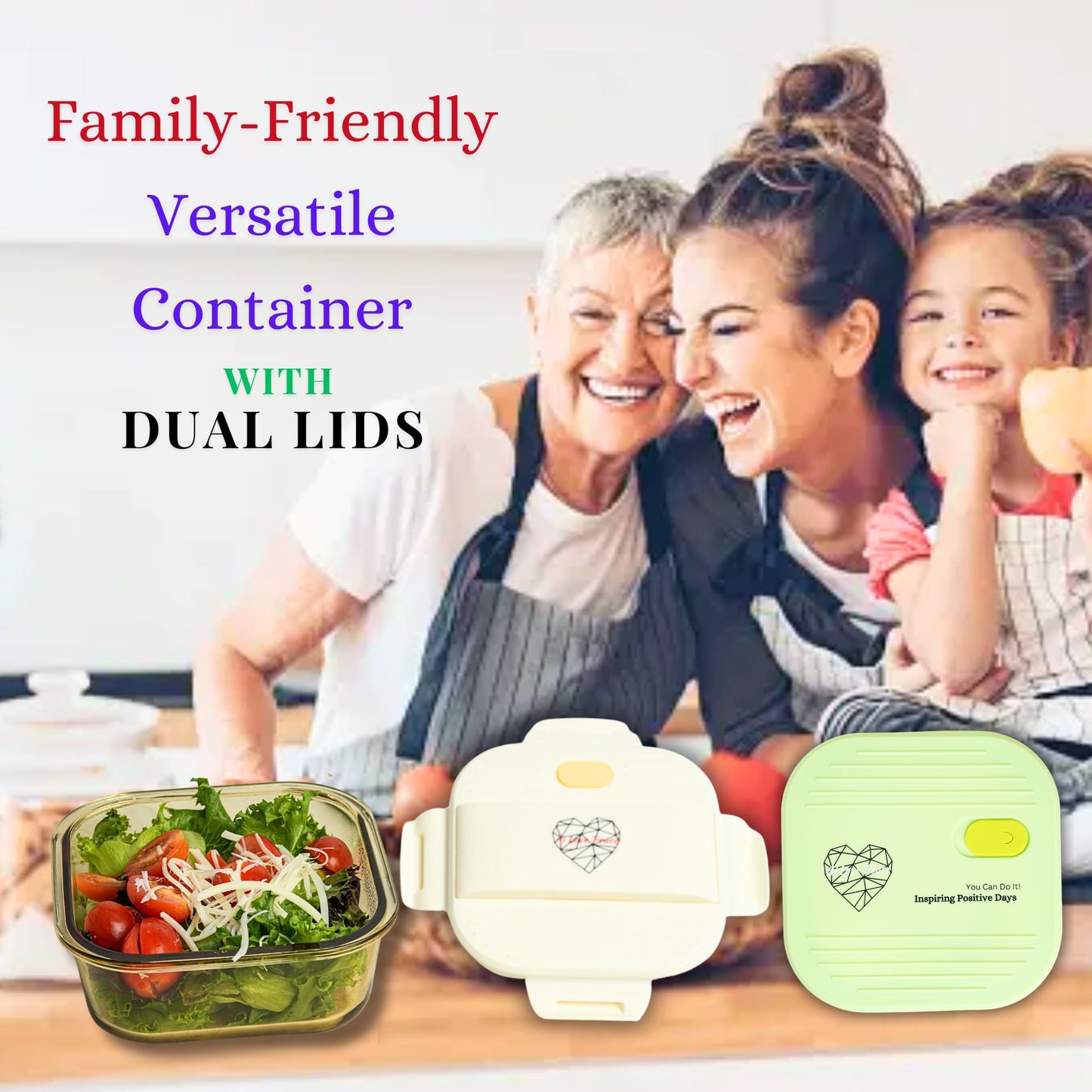 Ai Love Peace Glass Lunch Container – Perfect for On-the-Go Meals( White & Green)