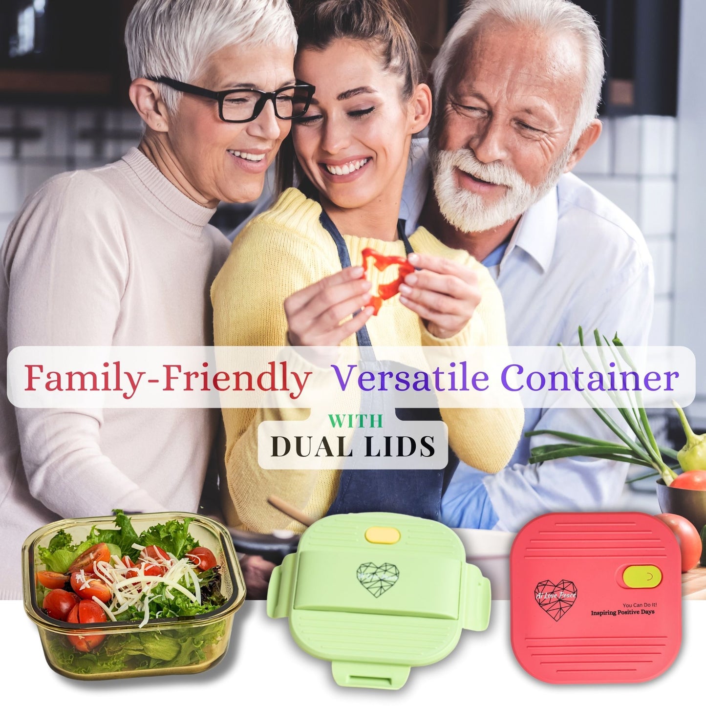 Ai Love Peace Glass Lunch Container – Perfect for On-the-Go Meals ( Green & Red)