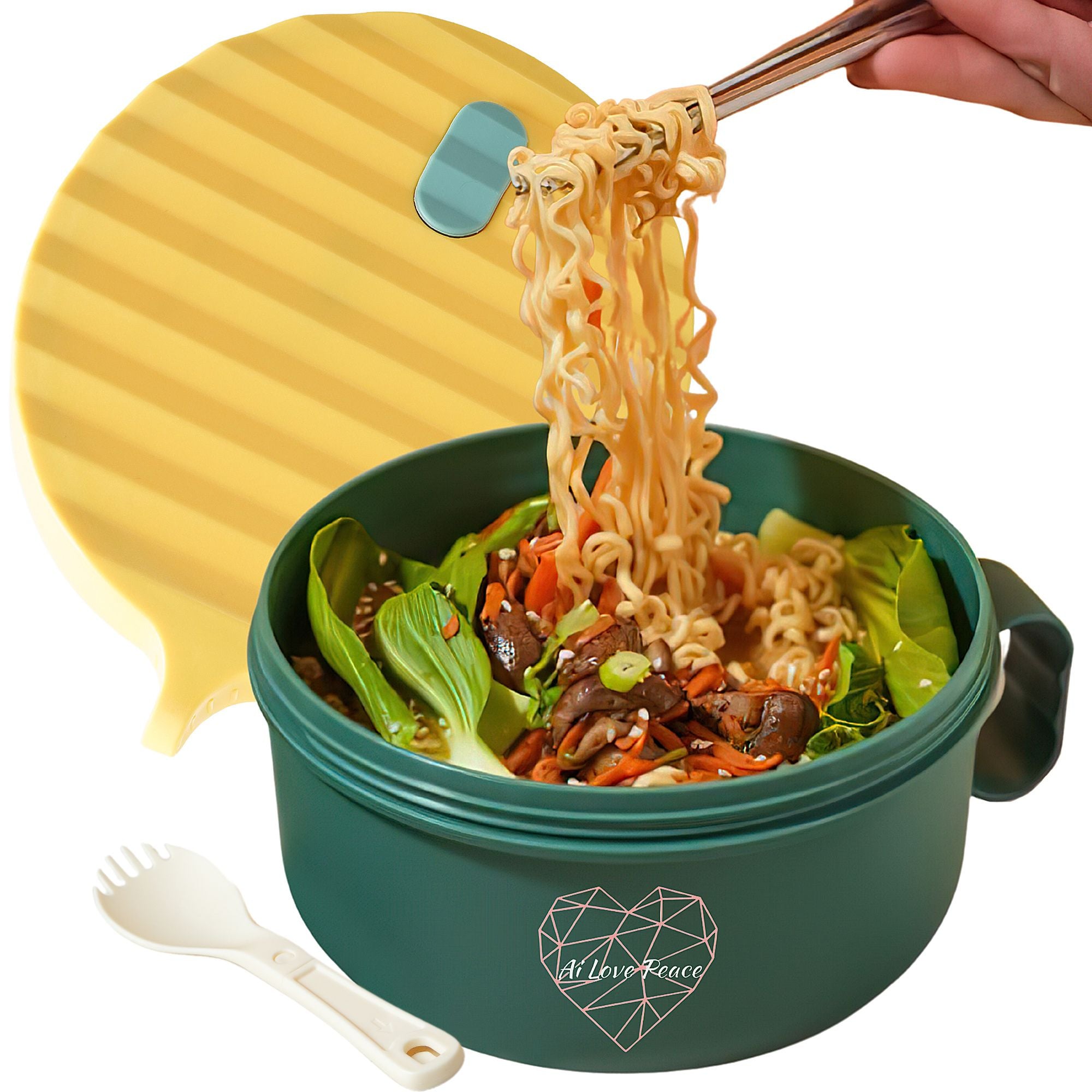 Ai Love Peace Ramen Bowl, Ramen Cooker, Microwave Ramen Bowl, Large Noodle Bowl 40 oz,Microwave Bowl with Lid, Portable Noodle Bowls, Ramen Bowl Microwavable for Home Office Dorm Room College gift.