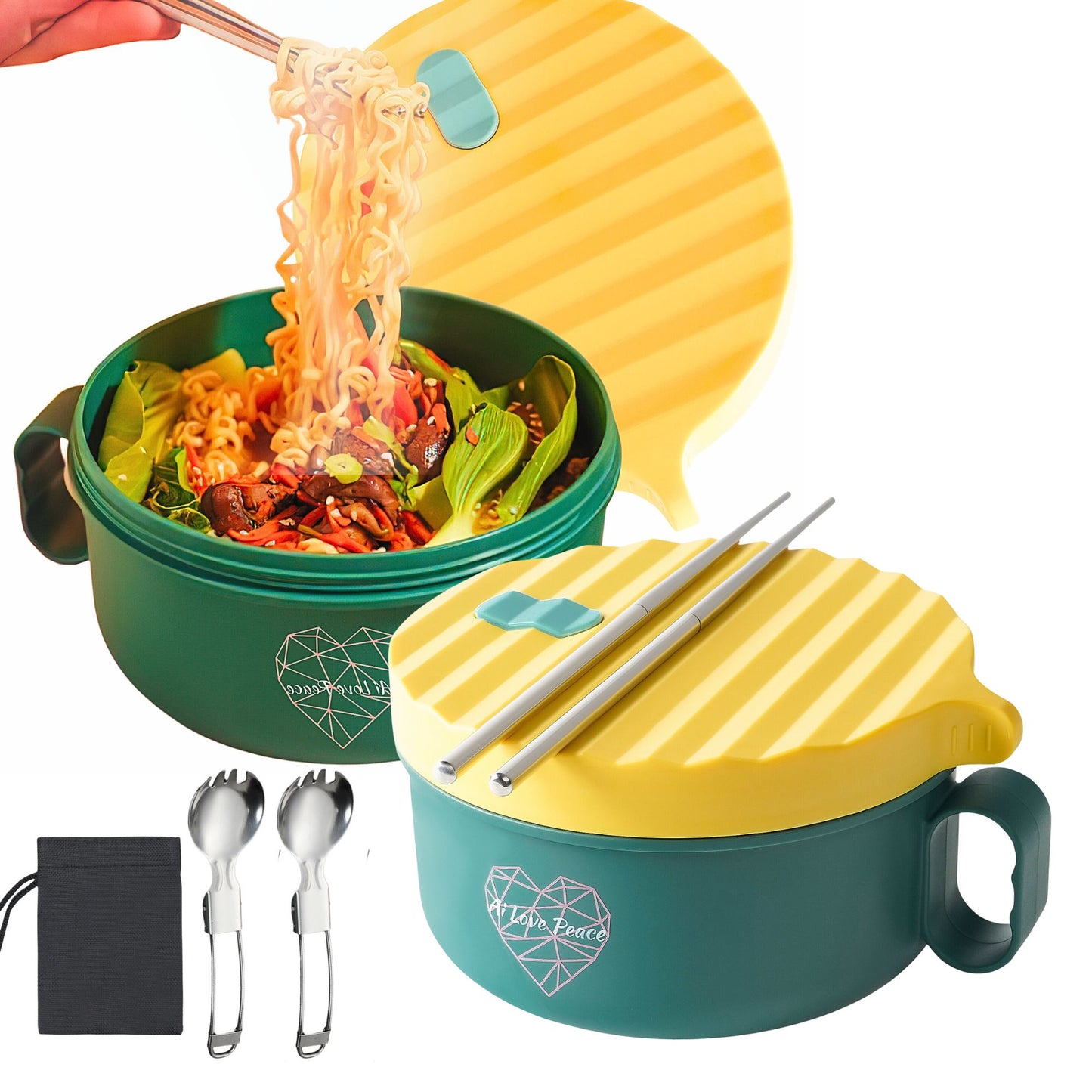 Ai Love Peace Ramen Bowl, Ramen Cooker, Microwave Ramen Bowl, Large Noodle Bowl 40 oz,Microwave Bowl with Lid, Portable Noodle Bowls, Ramen Bowl Microwavable for Home Office Dorm Room College gift.