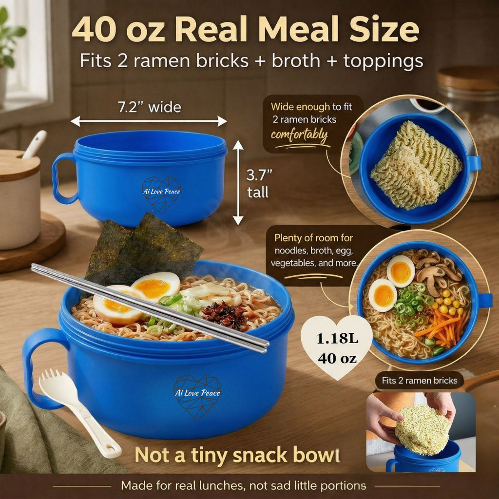 Ai Love Peace Ramen Bowl, Ramen Cooker, Microwave Ramen Bowl, Large Noodle Bowl 40 oz,Microwave Bowl with Lid, Portable Noodle Bowls, Ramen Bowl Microwavable for Home Office Dorm Room College gift.
