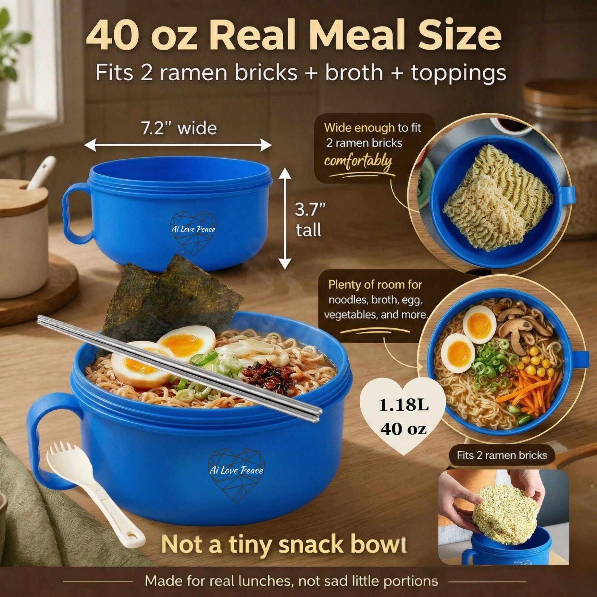 Ai Love Peace Ramen Bowl, Ramen Cooker, Microwave Ramen Bowl, Large Noodle Bowl 40 oz,Microwave Bowl with Lid, Portable Noodle Bowls, Ramen Bowl Microwavable for Home Office Dorm Room College gift.