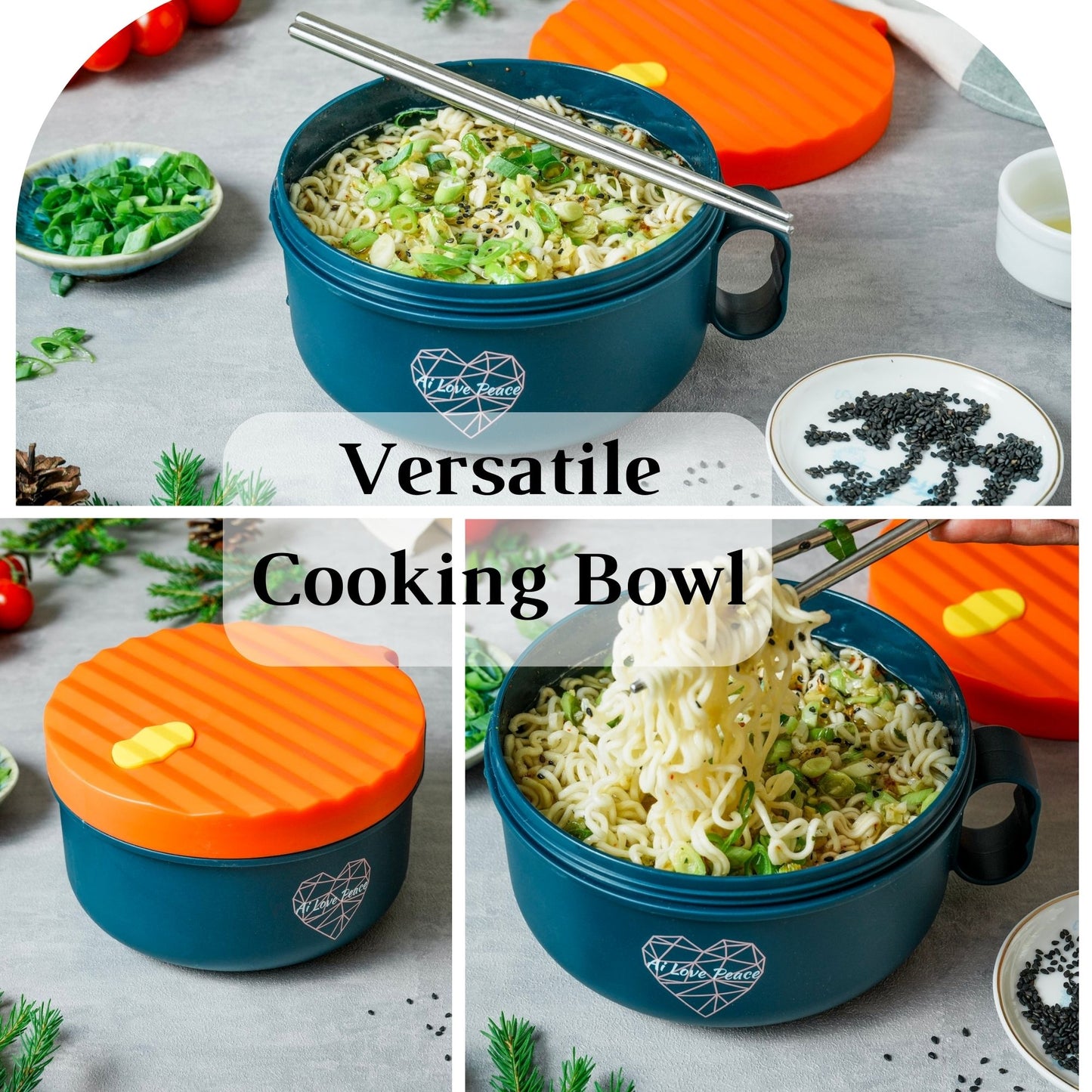 Ai Love Peace Ramen Bowl, Ramen Cooker, Microwave Ramen Bowl, Large Noodle Bowl 40 oz,Microwave Bowl with Lid, Portable Noodle Bowls, Ramen Bowl Microwavable for Home Office Dorm Room College gift.