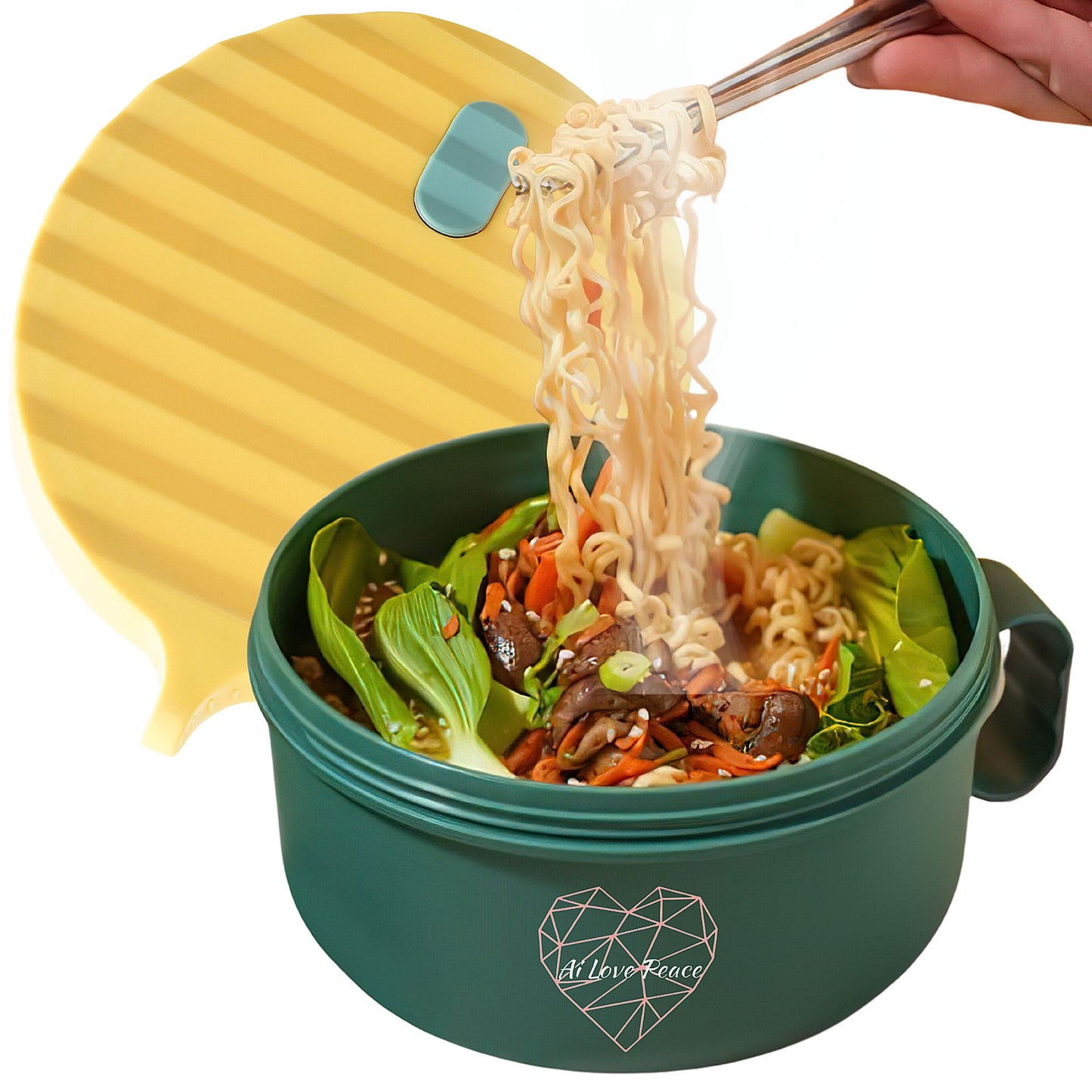 Ai Love Peace Ramen Bowl, Ramen Cooker, Microwave Ramen Bowl, Large Noodle Bowl 40 oz,Microwave Bowl with Lid, Portable Noodle Bowls, Ramen Bowl Microwavable for Home Office Dorm Room College gift.