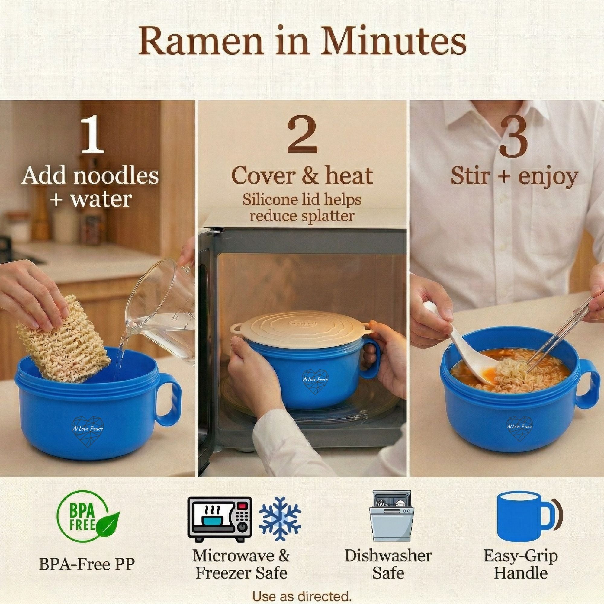 Ai Love Peace Ramen Bowl, Ramen Cooker, Microwave Ramen Bowl, Large Noodle Bowl 40 oz,Microwave Bowl with Lid, Portable Noodle Bowls, Ramen Bowl Microwavable for Home Office Dorm Room College gift.