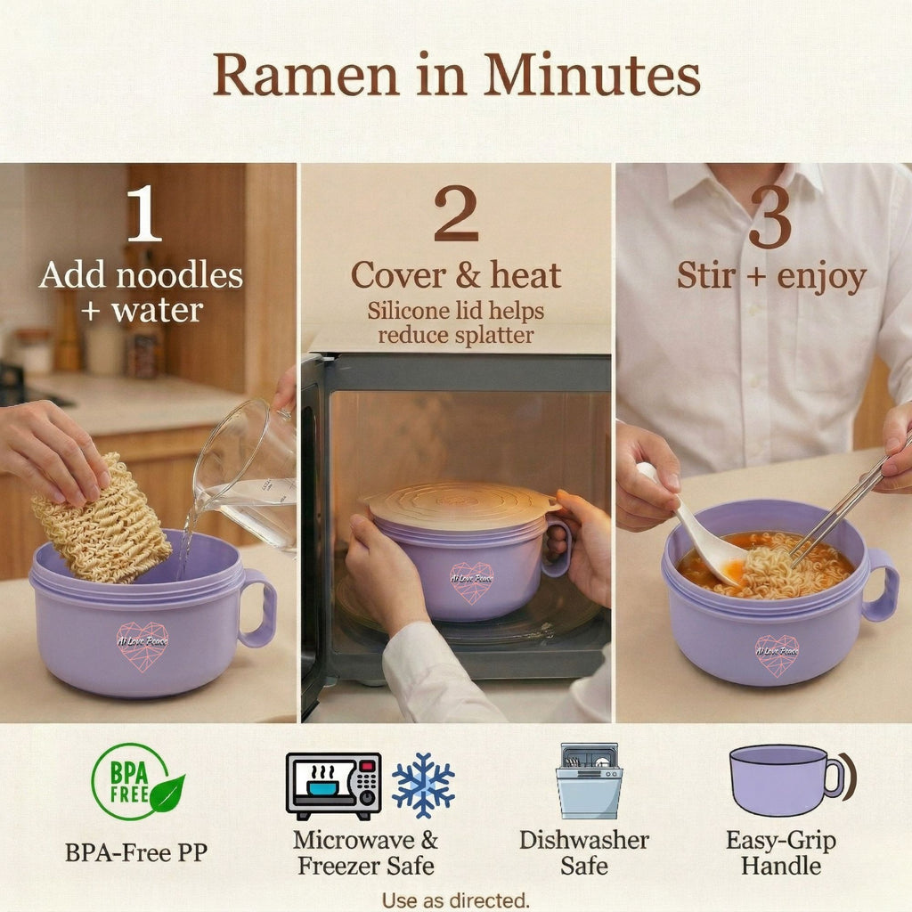 Ai Love Peace Ramen Bowl, Ramen Cooker, Microwave Ramen Bowl, Large Noodle Bowl 40 oz,Microwave Bowl with Lid, Portable Noodle Bowls, Ramen Bowl Microwavable for Home Office Dorm Room College gift.