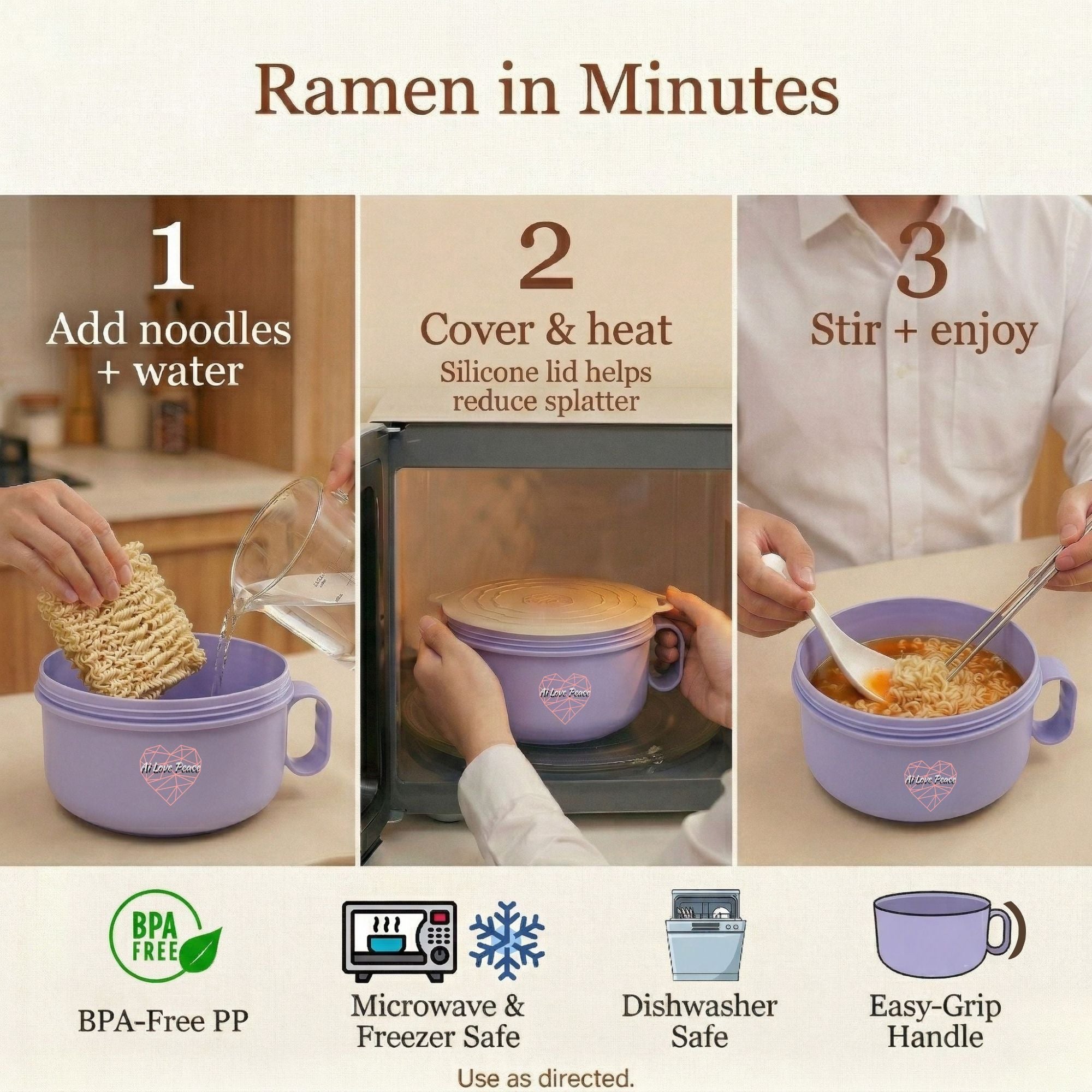 Ai Love Peace Ramen Bowl, Ramen Cooker, Microwave Ramen Bowl, Large Noodle Bowl 40 oz,Microwave Bowl with Lid, Portable Noodle Bowls, Ramen Bowl Microwavable for Home Office Dorm Room College gift.