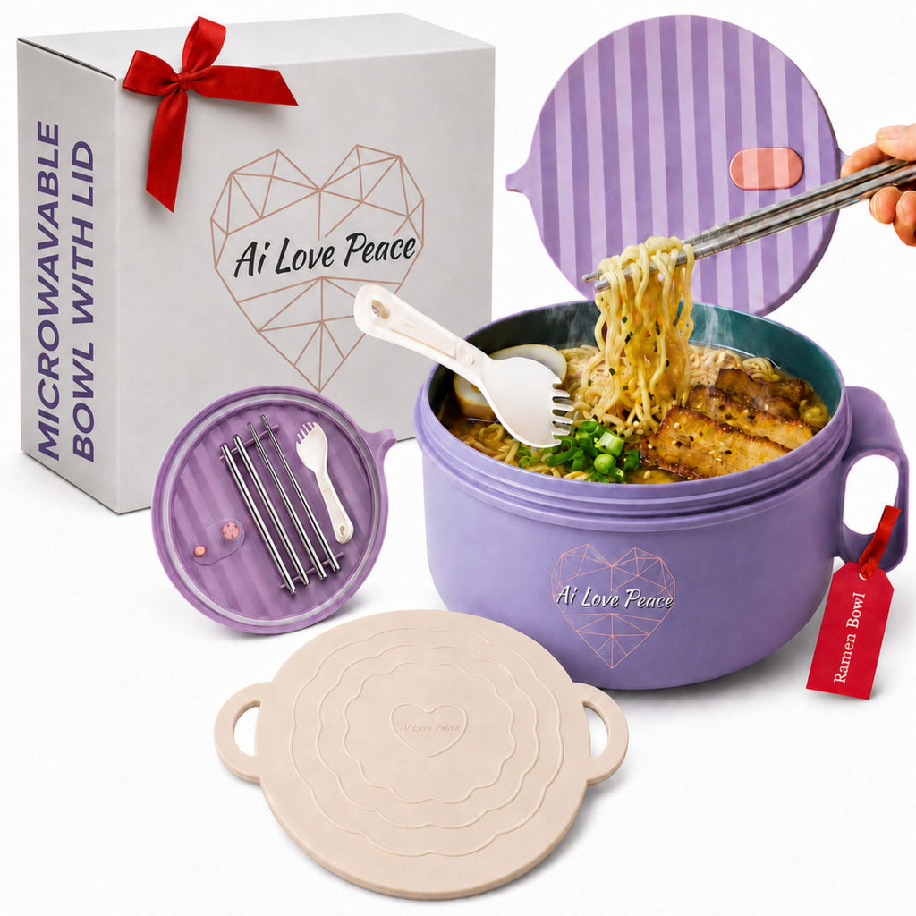 Ai Love Peace Ramen Bowl, Ramen Cooker, Microwave Ramen Bowl, Large Noodle Bowl 40 oz,Microwave Bowl with Lid, Portable Noodle Bowls, Ramen Bowl Microwavable for Home Office Dorm Room College gift.