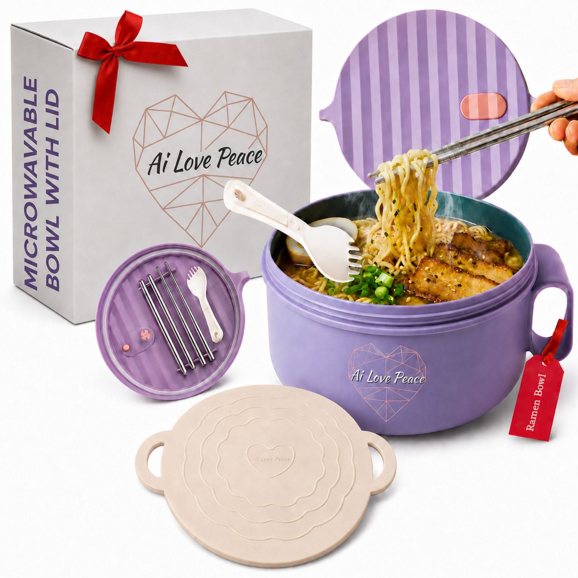 Ai Love Peace Ramen Bowl, Ramen Cooker, Microwave Ramen Bowl, Large Noodle Bowl 40 oz,Microwave Bowl with Lid, Portable Noodle Bowls, Ramen Bowl Microwavable for Home Office Dorm Room College gift.