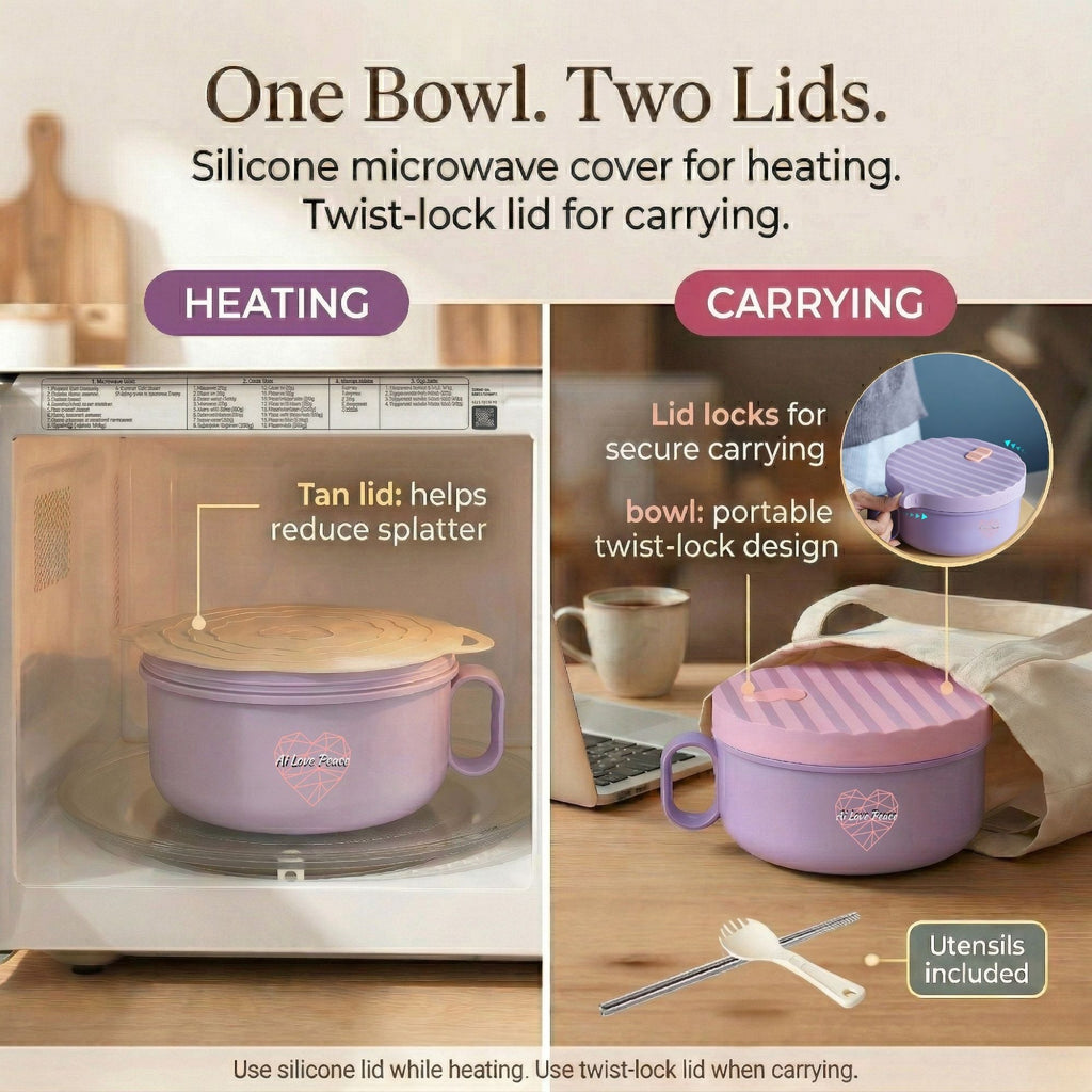Ai Love Peace Ramen Bowl, Ramen Cooker, Microwave Ramen Bowl, Large Noodle Bowl 40 oz,Microwave Bowl with Lid, Portable Noodle Bowls, Ramen Bowl Microwavable for Home Office Dorm Room College gift.