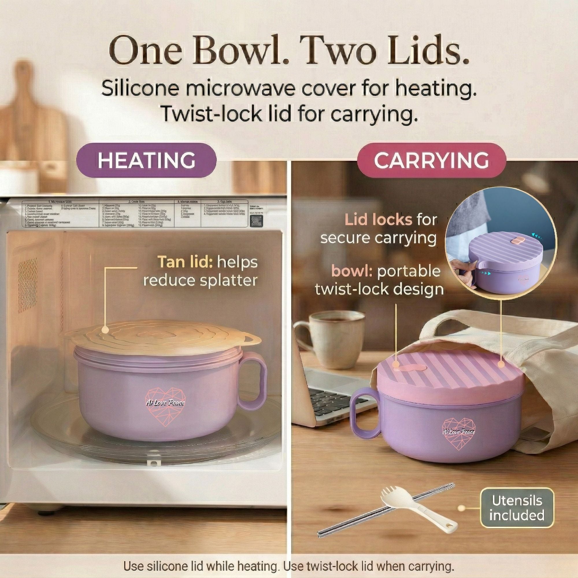 Ai Love Peace Ramen Bowl, Ramen Cooker, Microwave Ramen Bowl, Large Noodle Bowl 40 oz,Microwave Bowl with Lid, Portable Noodle Bowls, Ramen Bowl Microwavable for Home Office Dorm Room College gift.