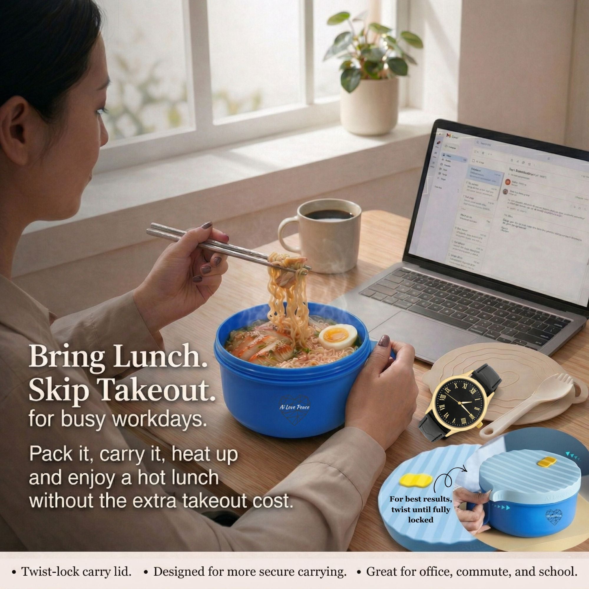 Ai Love Peace Ramen Bowl, Ramen Cooker, Microwave Ramen Bowl, Large Noodle Bowl 40 oz,Microwave Bowl with Lid, Portable Noodle Bowls, Ramen Bowl Microwavable for Home Office Dorm Room College gift.