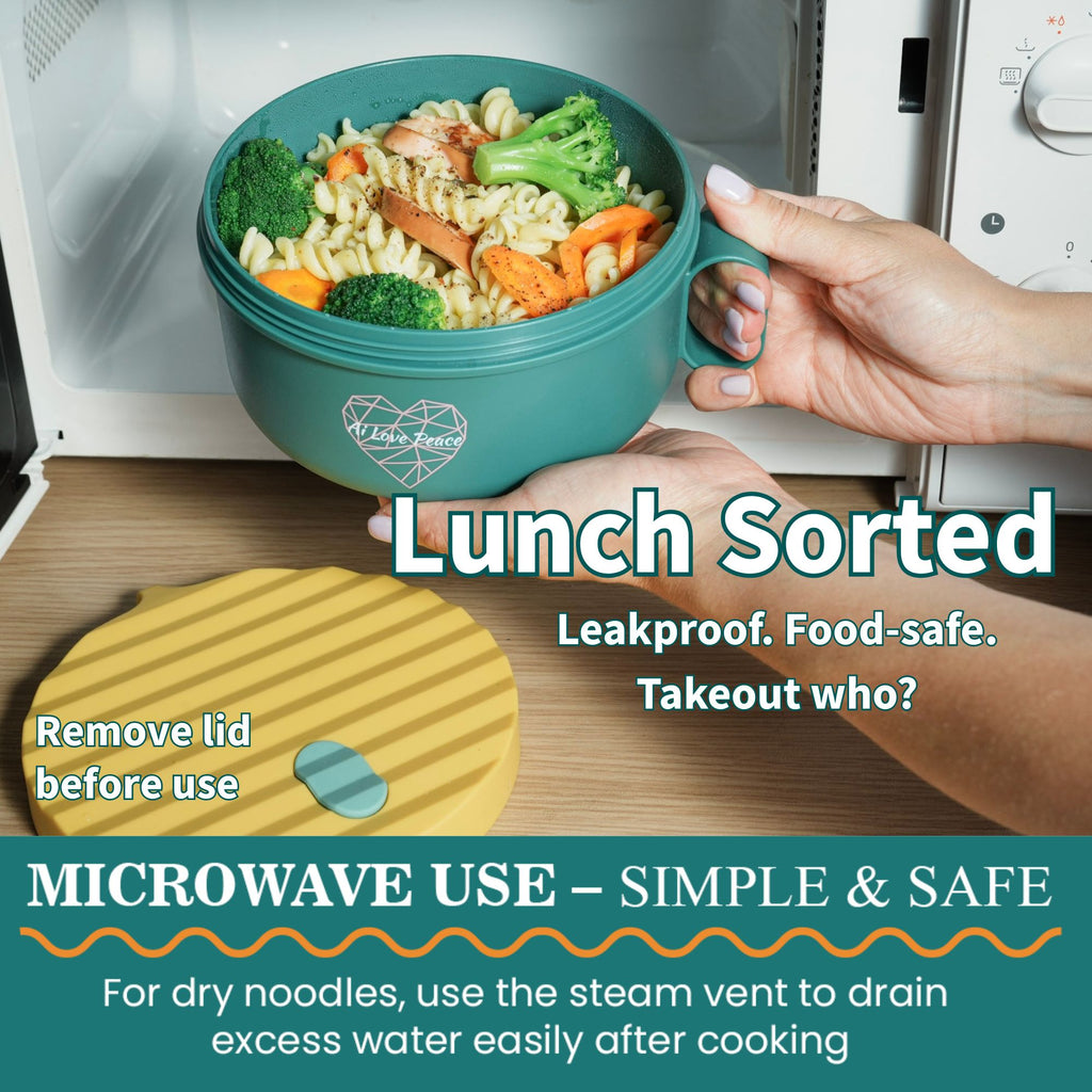 Ai Love Peace Ramen Bowl, Ramen Cooker, Microwave Ramen Bowl, Large Noodle Bowl 40 oz,Microwave Bowl with Lid, Portable Noodle Bowls, Ramen Bowl Microwavable for Home Office Dorm Room College gift.
