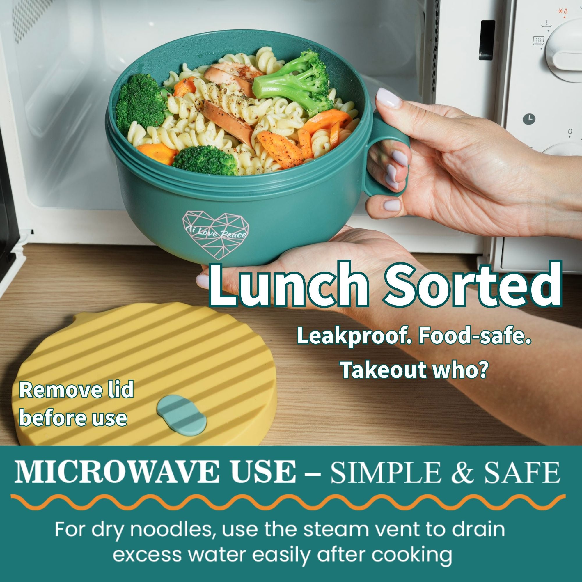 Ai Love Peace Ramen Bowl, Ramen Cooker, Microwave Ramen Bowl, Large Noodle Bowl 40 oz,Microwave Bowl with Lid, Portable Noodle Bowls, Ramen Bowl Microwavable for Home Office Dorm Room College gift.