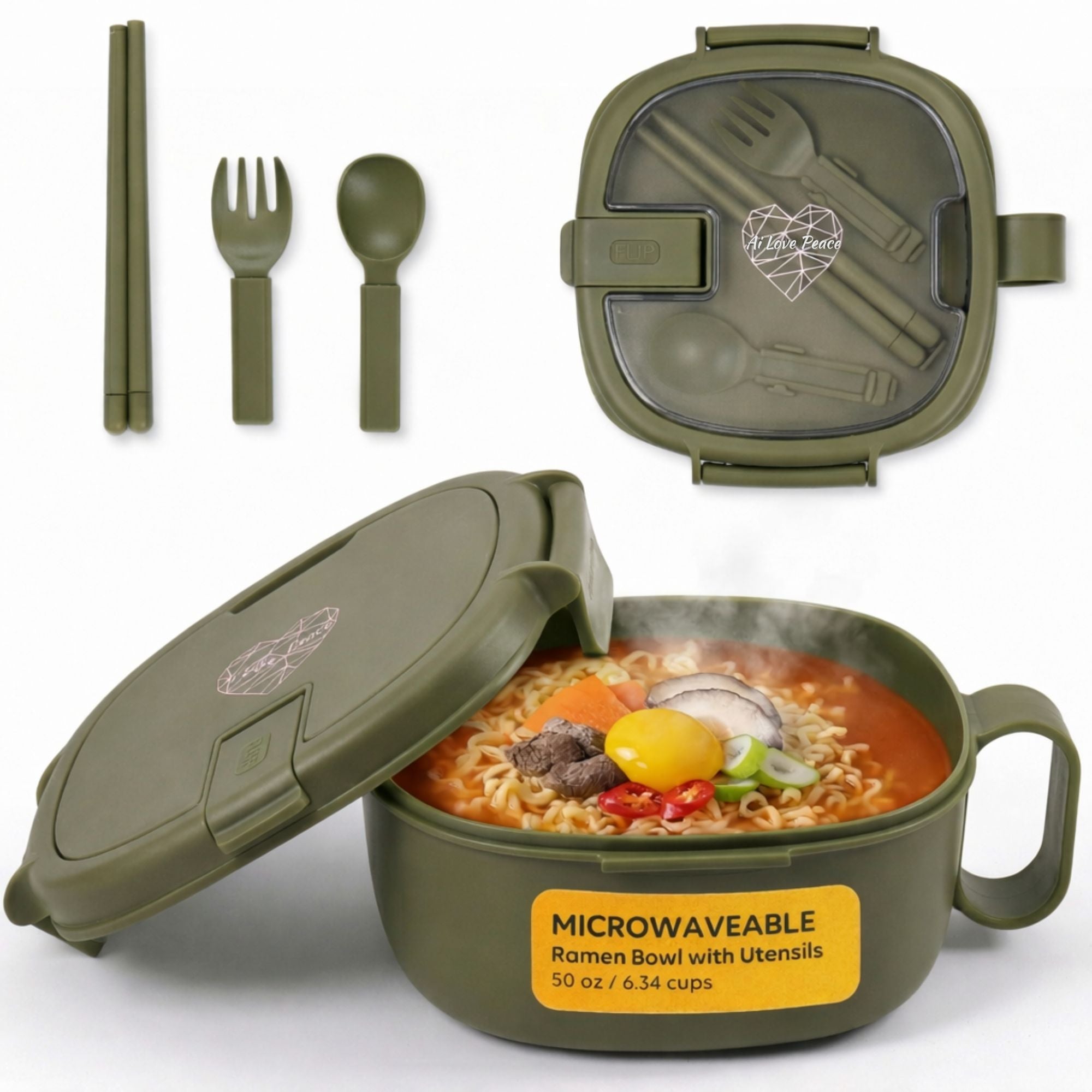 Microwavable Ramen Bowl - Leakproof Container with Lid & Built-In Utensils