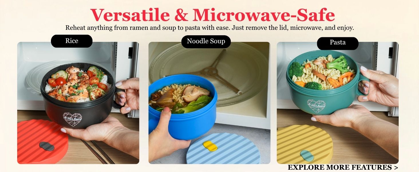 Three Ai Love Peace microwave-safe ramen bowls filled with rice, noodle soup, and pasta, each shown being placed into a microwave with the lid removed for reheating.