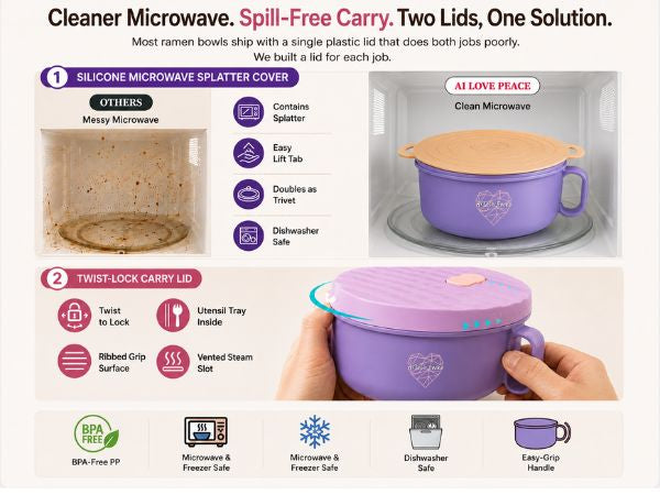 Ai Love Peace Ramen Bowl, Ramen Cooker, Microwave Ramen Bowl, Large Noodle Bowl 40 oz,Microwave Bowl with Lid, Portable Noodle Bowls, Ramen Bowl Microwavable for Home Office Dorm Room College gift.