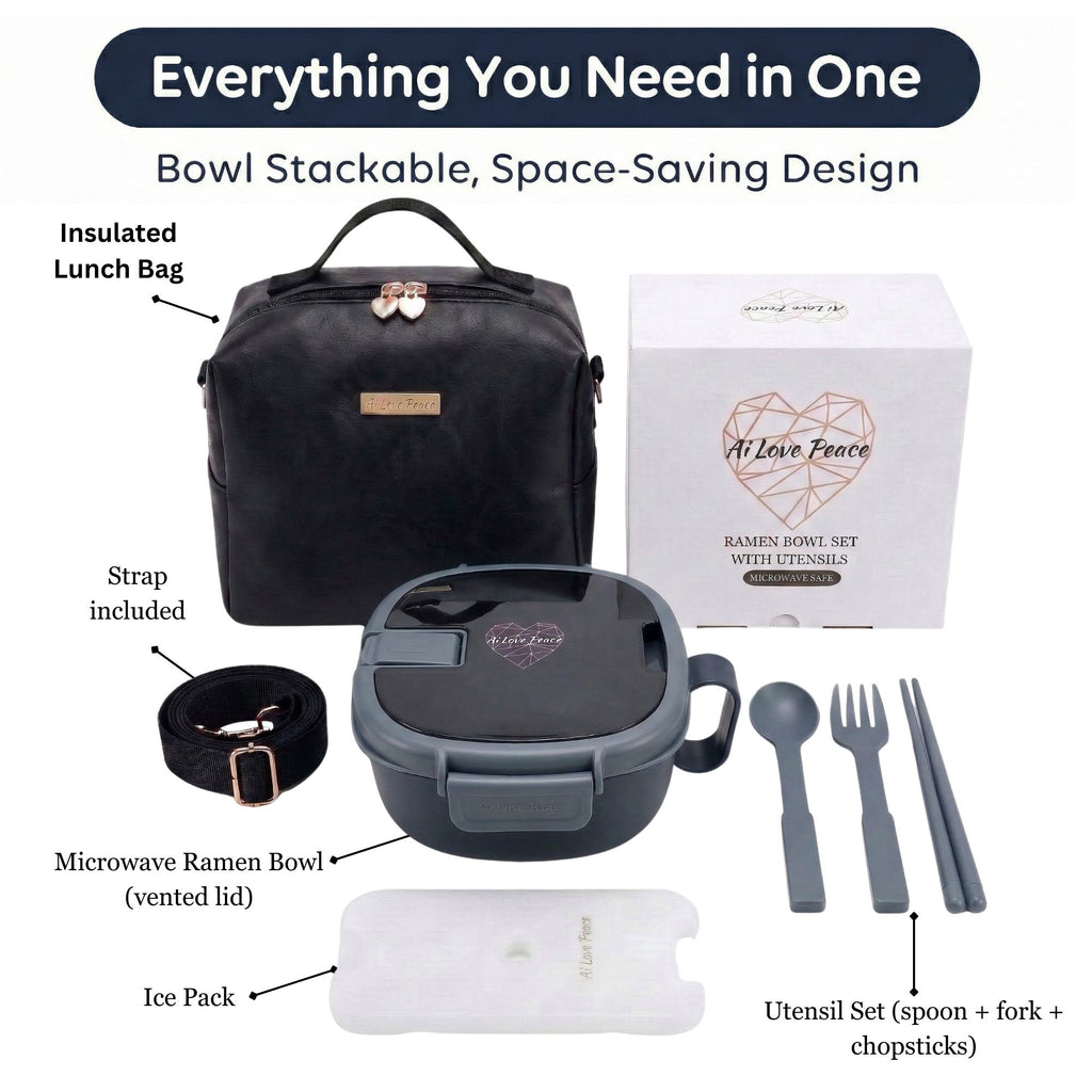Ai Love Peace Ramen Bowl Gift Set with Insulated Lunch Bag & Ice Pack