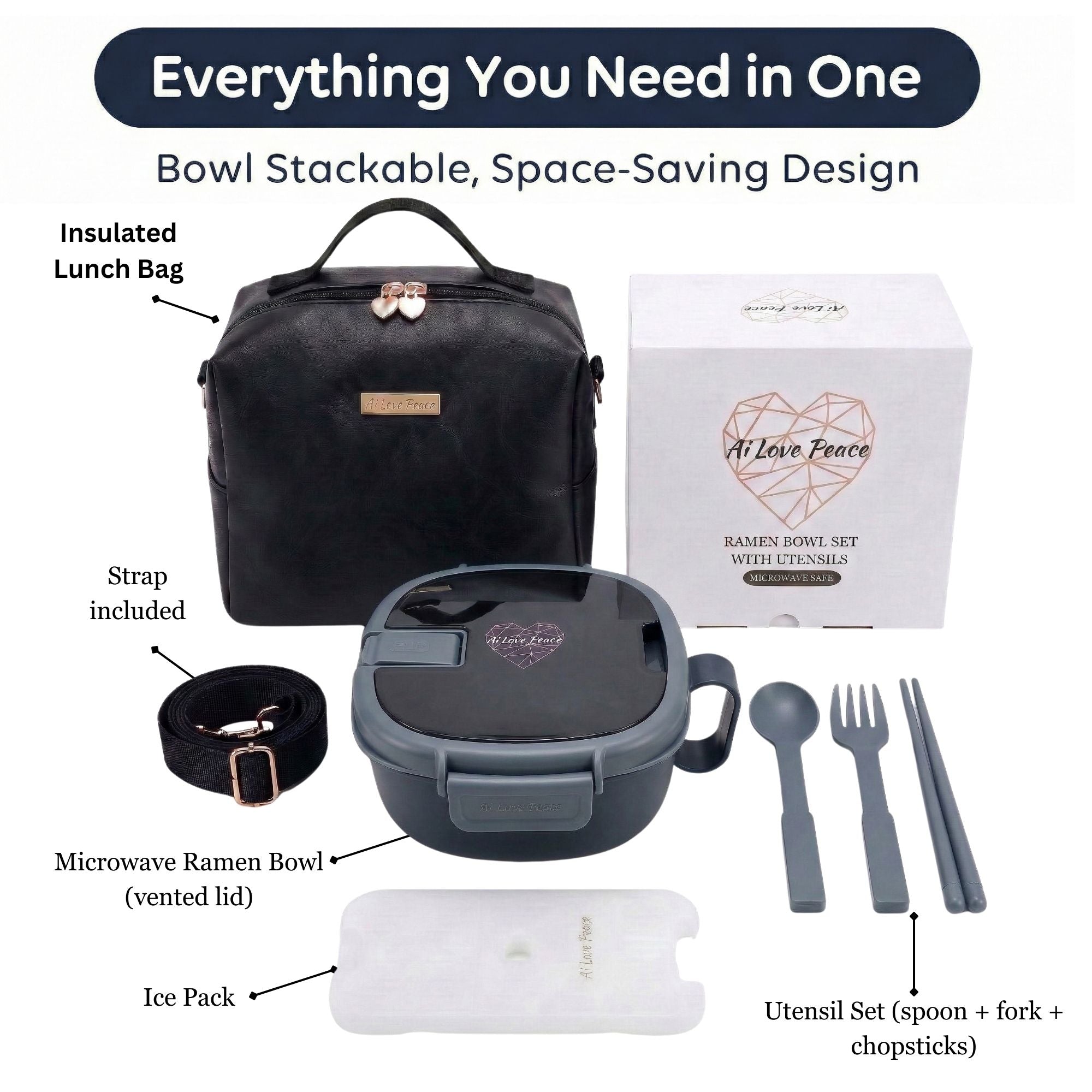 Ai Love Peace Ramen Bowl Gift Set with Insulated Lunch Bag & Ice Pack
