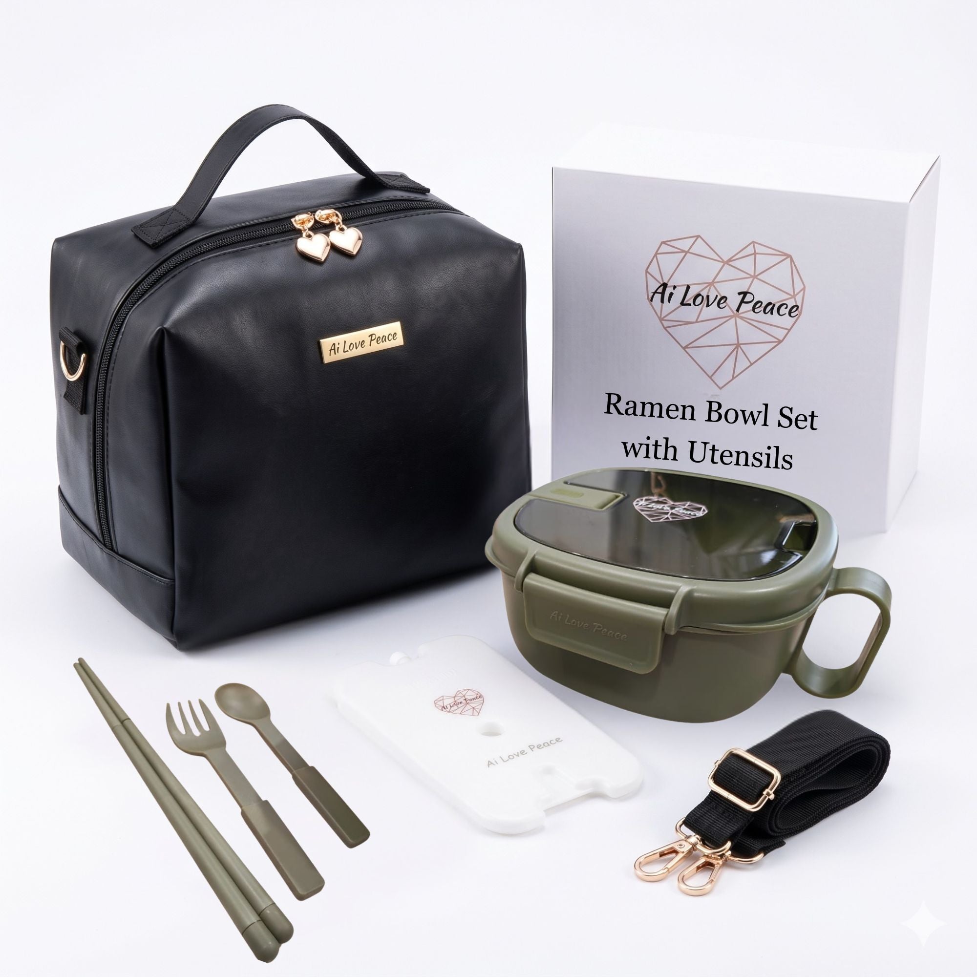 Ai Love Peace Ramen Bowl Gift Set with Insulated Lunch Bag & Ice Pack