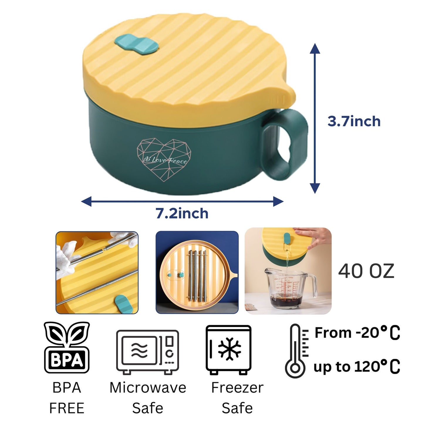 Ai Love Peace Ramen Bowl, Ramen Cooker, Microwave Ramen Bowl, Large Noodle Bowl 40 oz,Microwave Bowl with Lid, Portable Noodle Bowls, Ramen Bowl Microwavable for Home Office Dorm Room College gift.