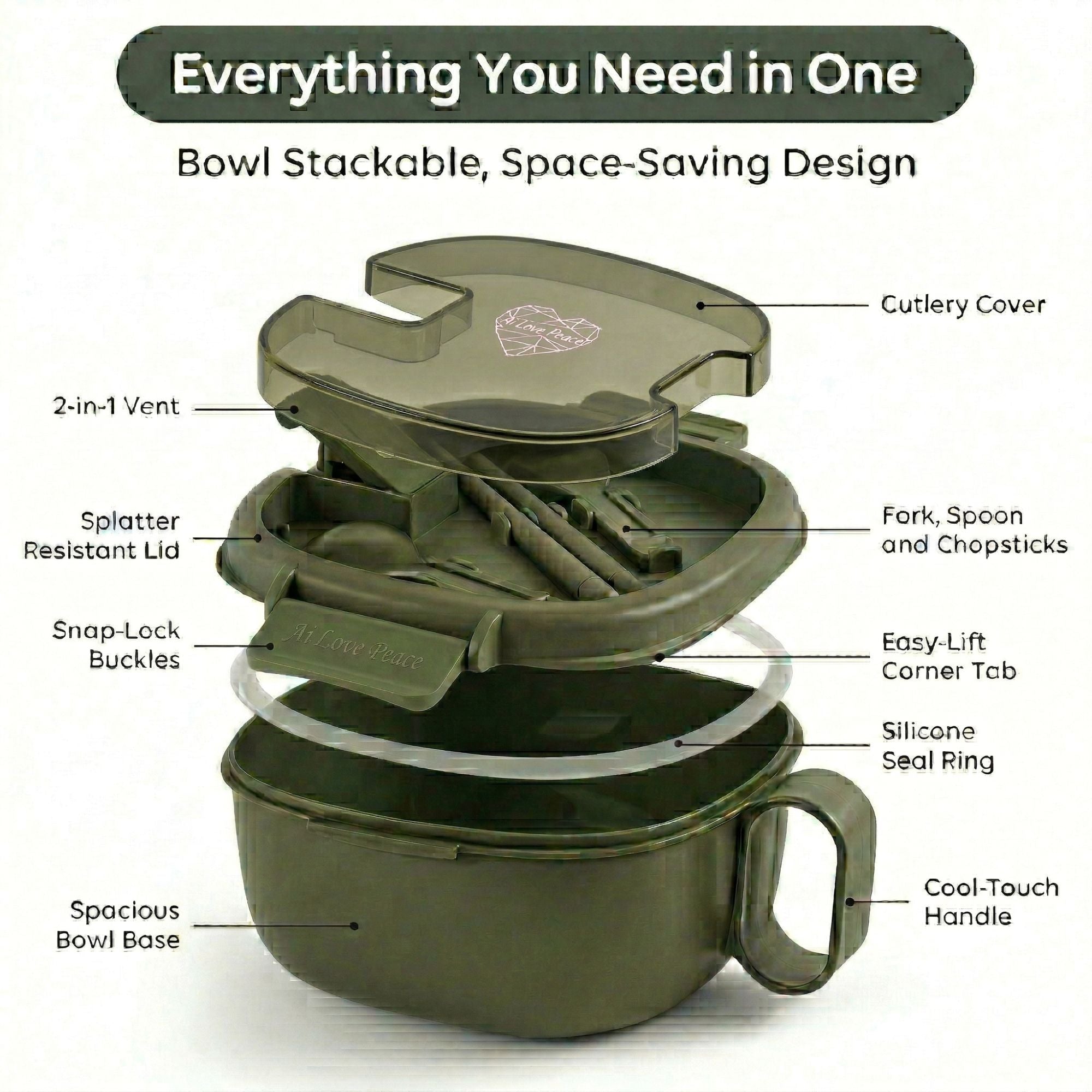 Ai Love Peace Square Dual Bowl Set — Microwave-Safe Ramen Bowls That Don't Burn Your Hands