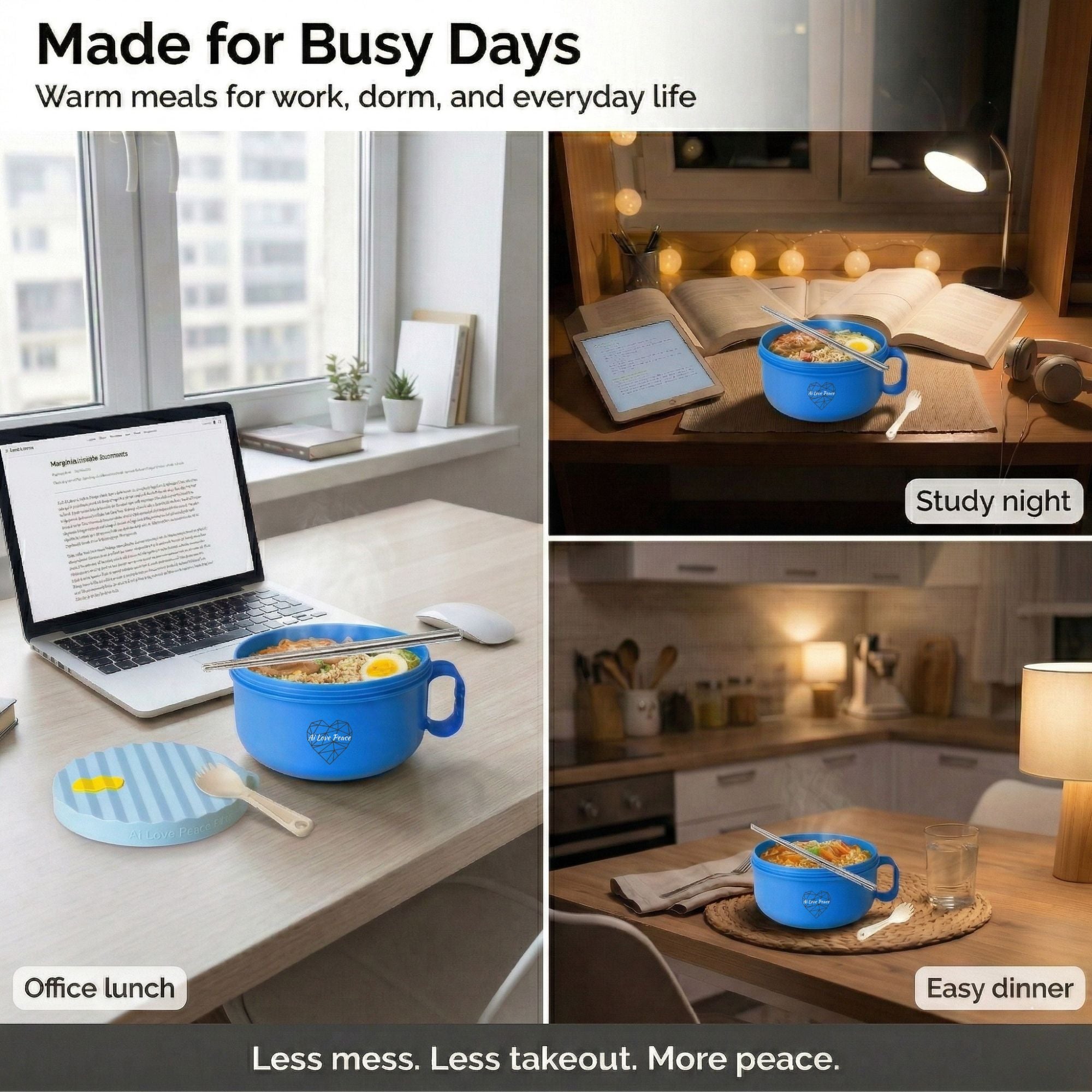 Ai Love Peace Ramen Bowl, Ramen Cooker, Microwave Ramen Bowl, Large Noodle Bowl 40 oz,Microwave Bowl with Lid, Portable Noodle Bowls, Ramen Bowl Microwavable for Home Office Dorm Room College gift.