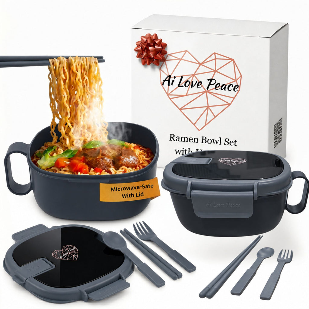 Ai Love Peace Square Dual Bowl Set — Microwave-Safe Ramen Bowls That Don't Burn Your Hands